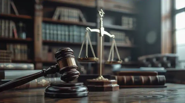 Classic judicial scene with a gavel and scales in a law library.
